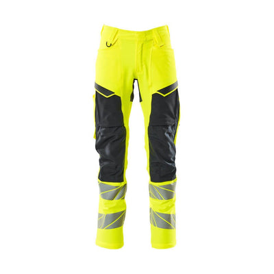 Mascot Hi-Vis Trousers with Stretch & Kneepad Pockets 19479-711 Front #colour_hi-vis-yellow-dark-navy-blue