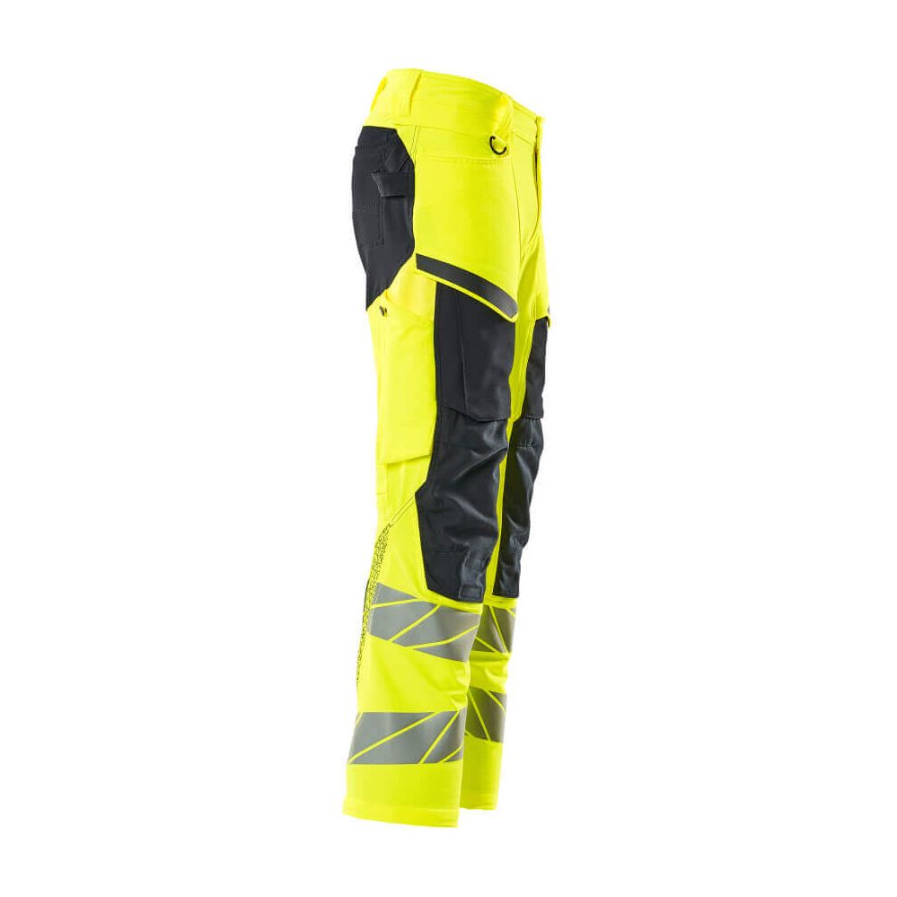 Mascot Hi-Vis Trousers with Stretch & Kneepad Pockets 19479-711 Left #colour_hi-vis-yellow-dark-navy-blue