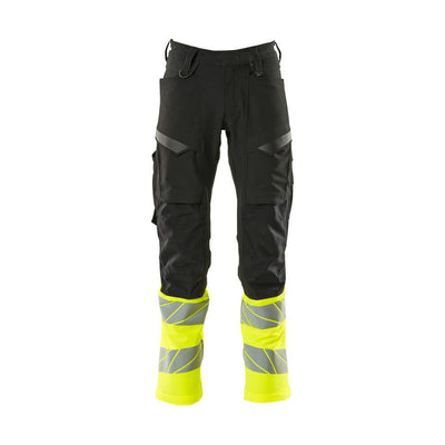 Mascot Hi-Vis Trousers with Stretch & Kneepad Pockets 19879-711 Front #colour_black-hi-vis-yellow