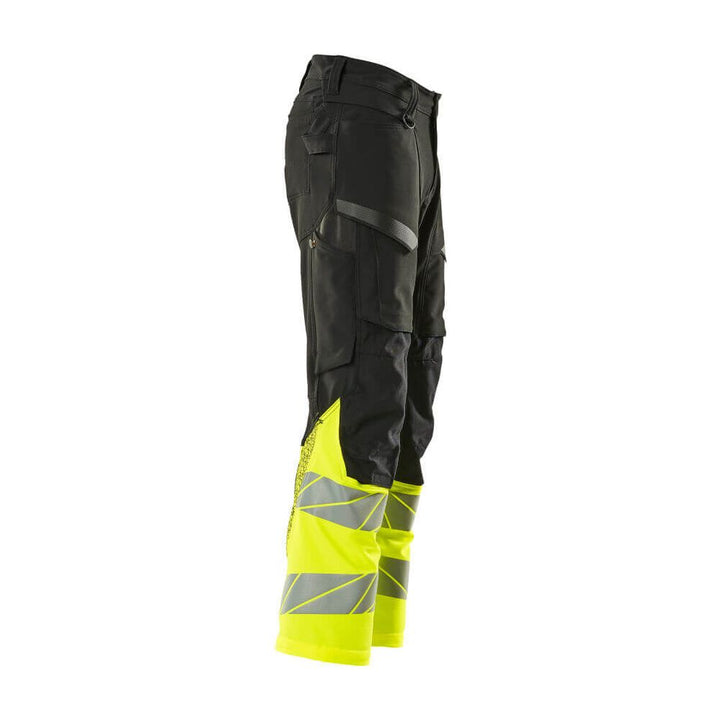 Mascot Hi-Vis Trousers with Stretch & Kneepad Pockets 19879-711 Left #colour_black-hi-vis-yellow