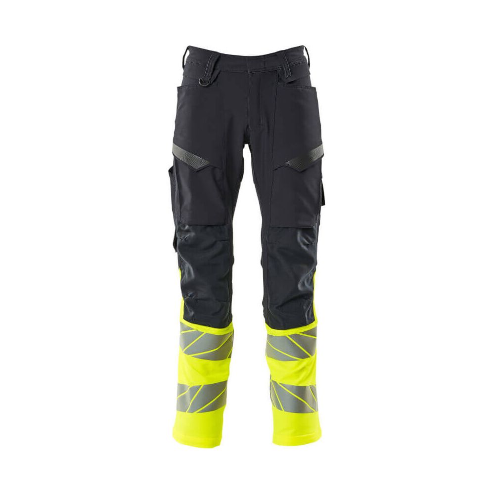 Mascot Hi-Vis Trousers with Stretch & Kneepad Pockets 19879-711 Front #colour_dark-navy-blue-hi-vis-yellow