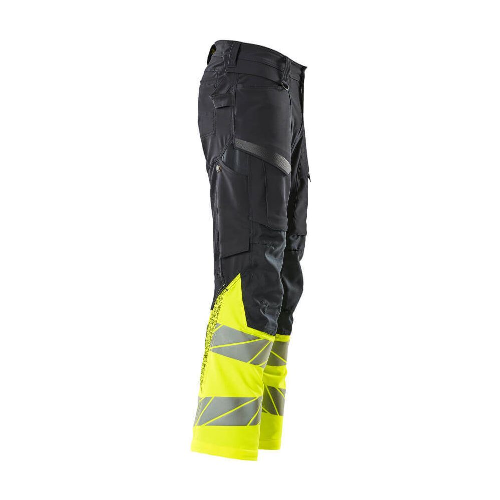 Mascot Hi-Vis Trousers with Stretch & Kneepad Pockets 19879-711 Left #colour_dark-navy-blue-hi-vis-yellow