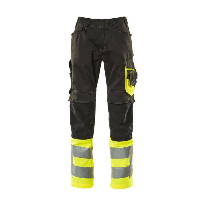 Mascot Leeds Hi-Vis Trousers 15679-860 Front #colour_black-hi-vis-yellow