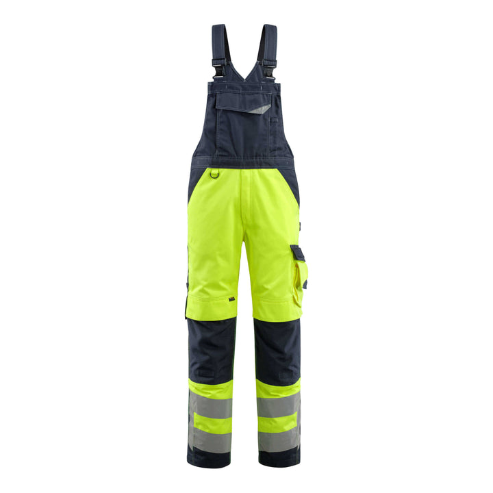 Mascot Newcastle Hi-Vis Bib-Brace Overall 15569-860 Front #colour_hi-vis-yellow-dark-navy-blue