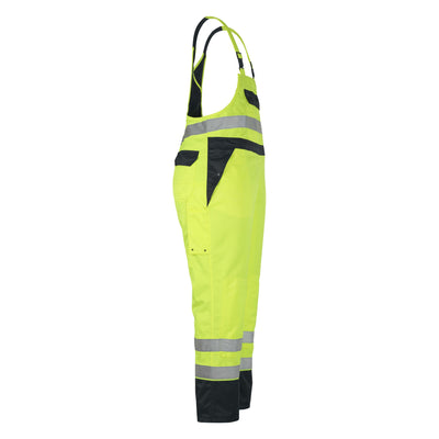 Mascot Wels Hi-Vis Bib-Brace Waterproof-Trousers 07092-880 Left #colour_hi-vis-yellow-navy-blue