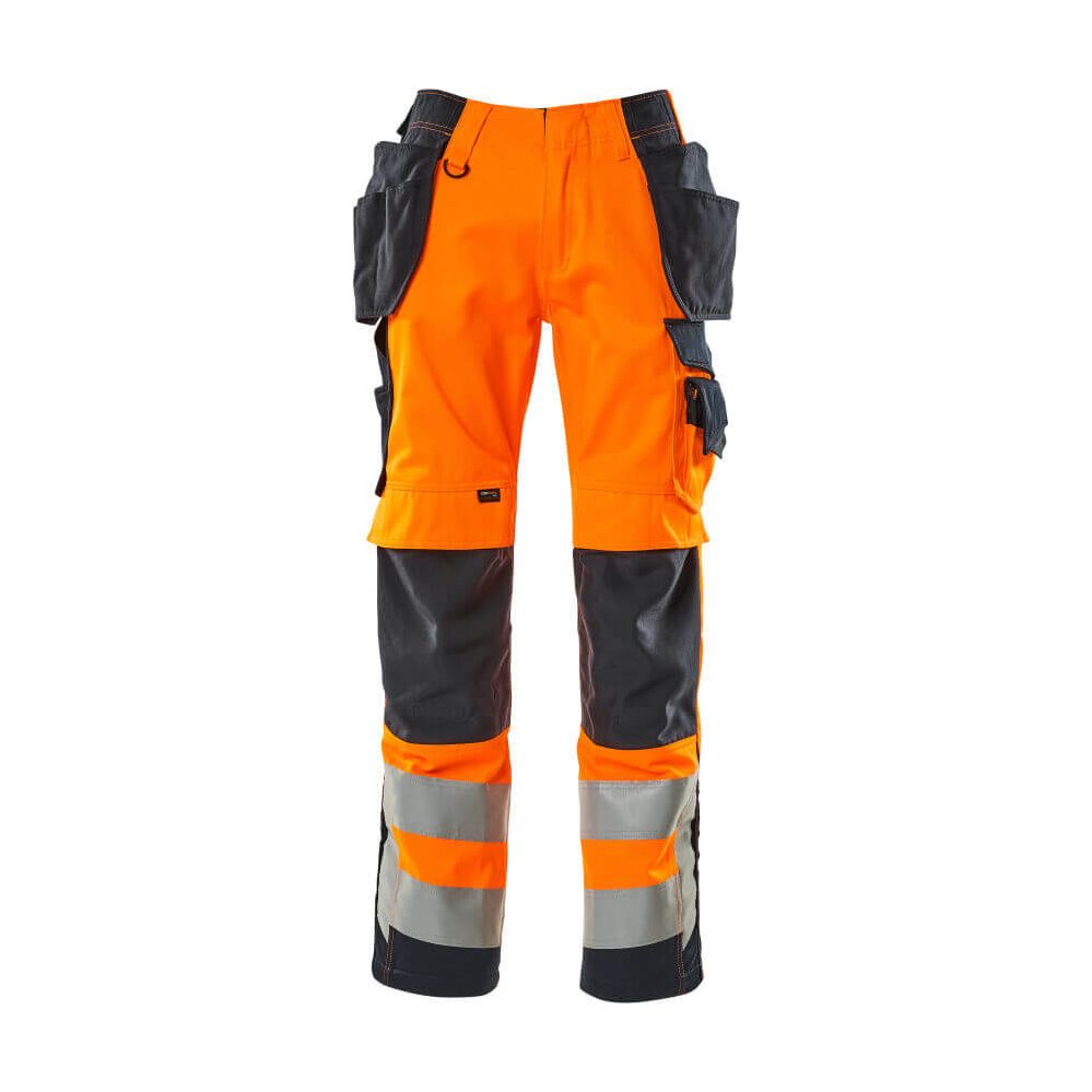 Mascot Wigan Hi-Vis Work Trousers 15531-860 Front #colour_hi-vis-orange-dark-navy-blue