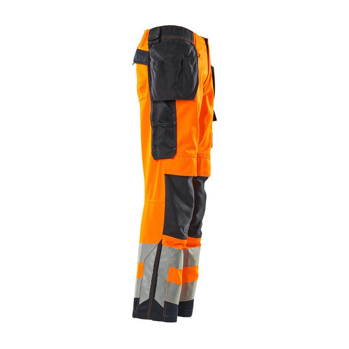 Mascot Wigan Hi-Vis Work Trousers 15531-860 Left #colour_hi-vis-orange-dark-navy-blue