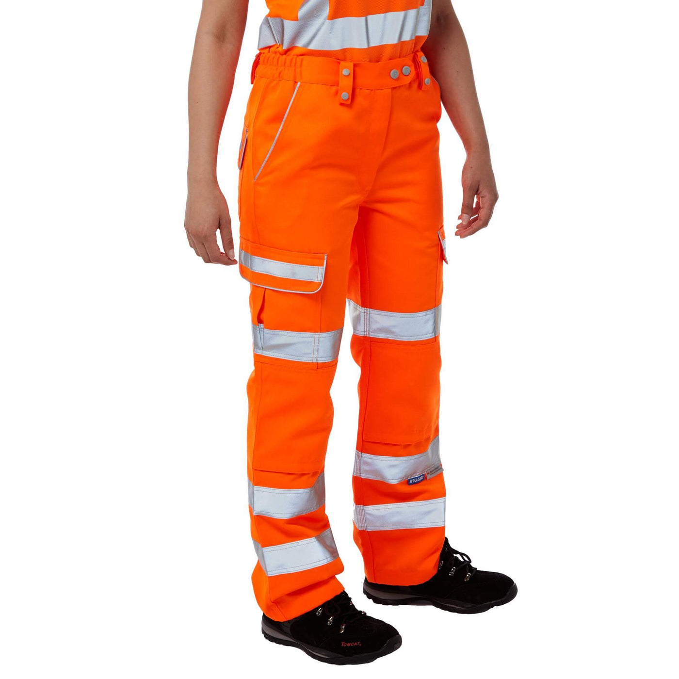 PULSAR PR336LDS Ladies Rail Spec Hi Vis Knee Pad Combat Trousers Orange PR336LDS Class2 wearer Front.jpg #colour_orange