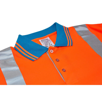 PULSAR PR470 CRS Rail Spec Hi Vis Cut Resistant Sleeve Polo Shirt Orange Detail Collar Button.jpg #colour_orange