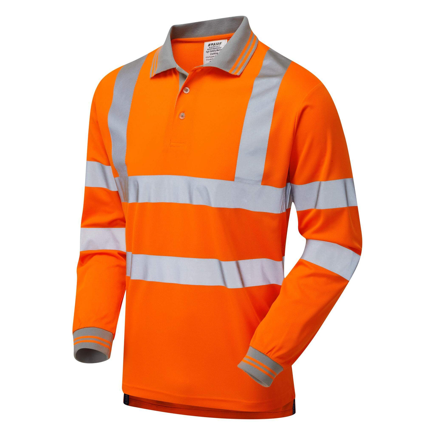 PULSAR PR470 Rail Spec Hi Vis Long Sleeved Polo Shirt Orange Angle.jpg #colour_orange
