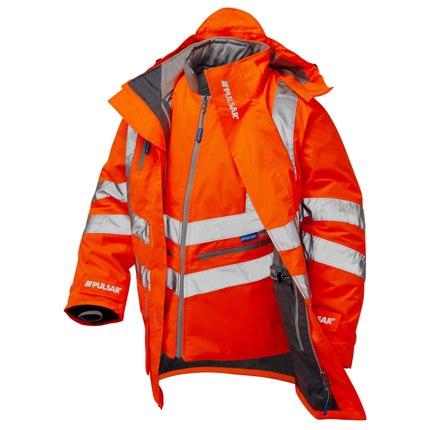 PULSAR PR497 Rail Spec Hi Vis 7 in 1 Waterproof Storm Coat Orange Angle.jpg #colour_orange