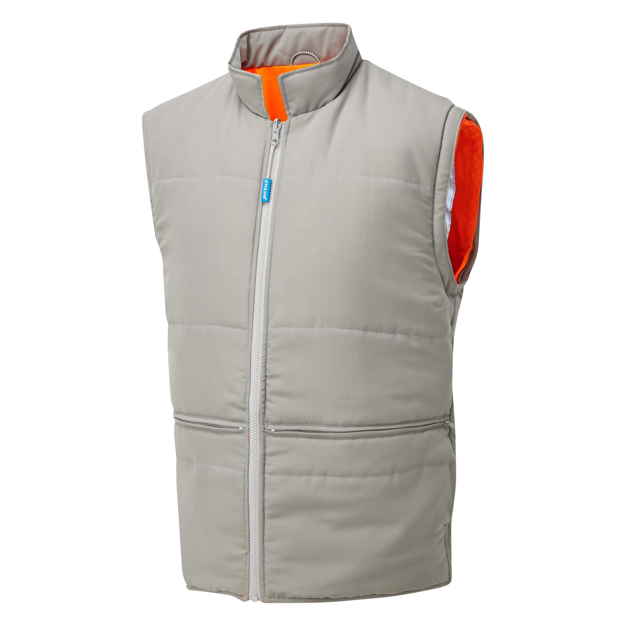 PULSAR PR498 Rail Spec Hi Vis Interactive Body Warmer Orange No Sleeve Reverse Angle.jpg #colour_orange