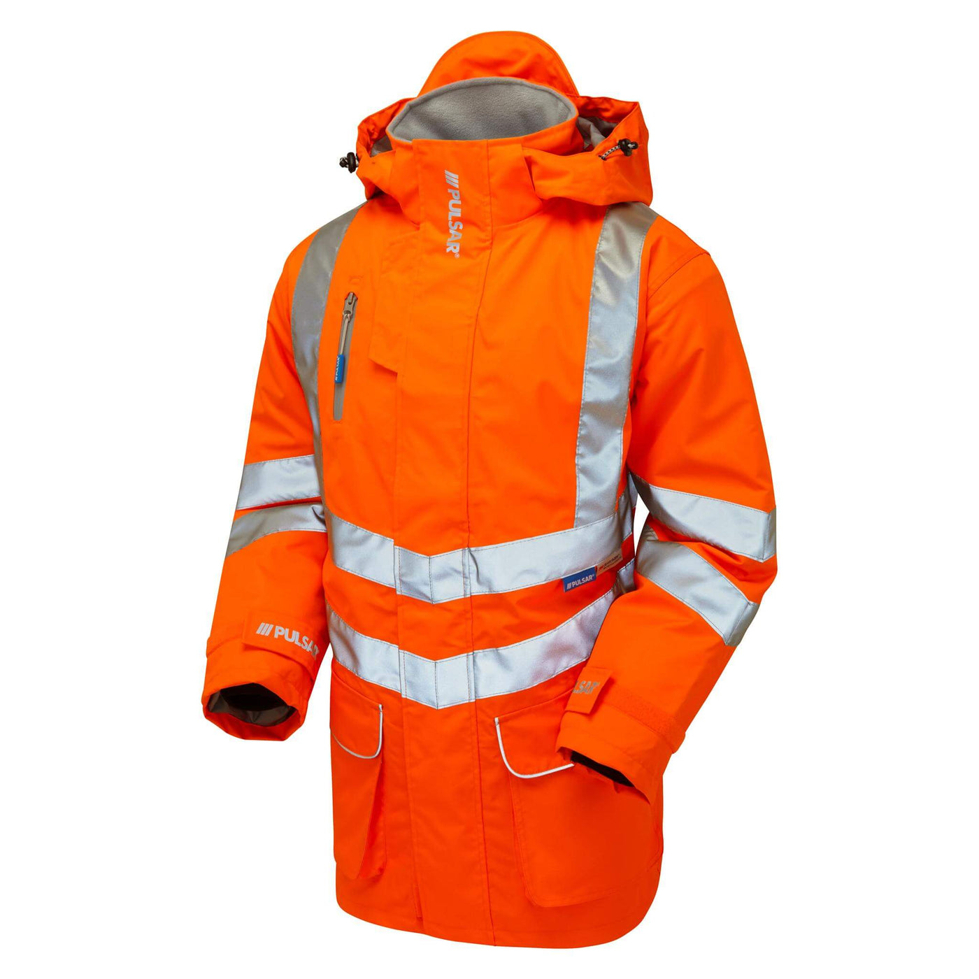 PULSAR PR499 Rail Spec Unlined Hi Vis Waterproof Storm Coat Orange Angle.jpg #colour_orange