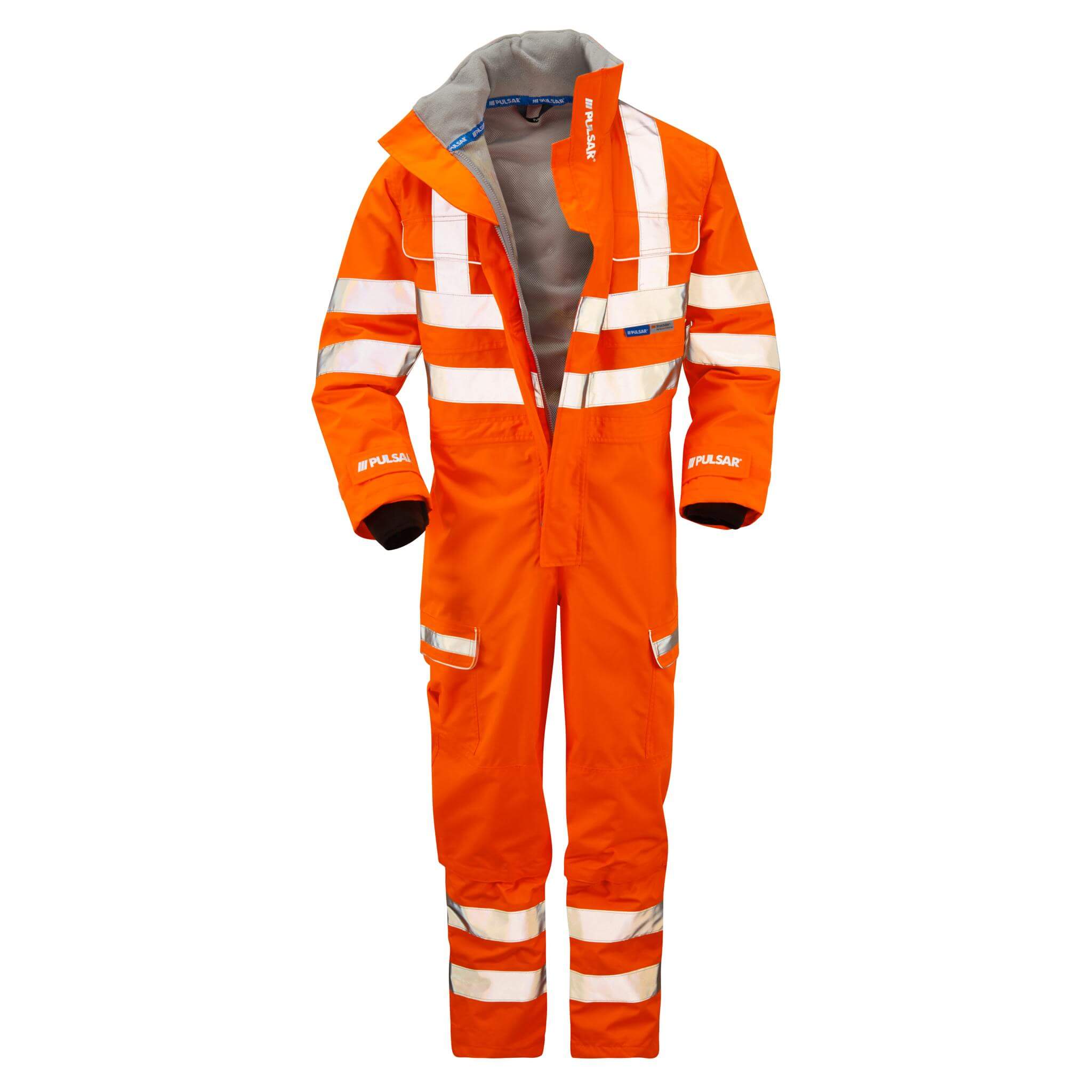 PULSAR PR505 Rail Spec Unlined Hi Vis Waterproof Coverall Orange PR505 ORANGE COVERALL ZIP OPEN FRONT ARMS.jpg #colour_orange