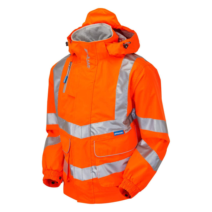 PULSAR PR515 Rail Spec Unlined Hi Vis Waterproof Bomber Jacket Orange Angle.jpg #colour_orange