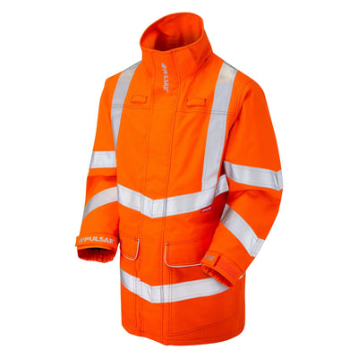 PULSAR PRARC09 Hi Vis Flame Retardant Electric ARC Rail Spec Waterproof Storm Coat Orange Angle.jpg #colour_orange