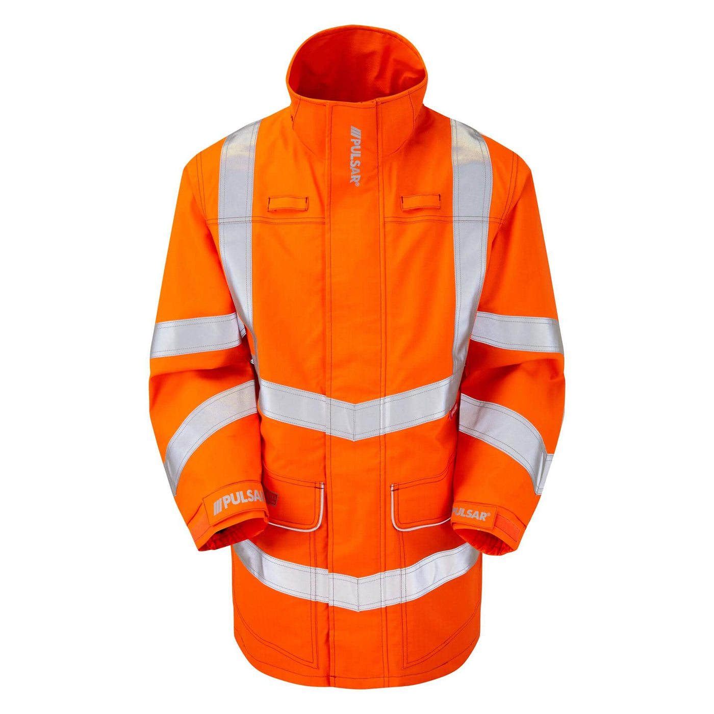 PULSAR PRARC09 Hi Vis Flame Retardant Electric ARC Rail Spec Waterproof Storm Coat Orange Front.jpg #colour_orange