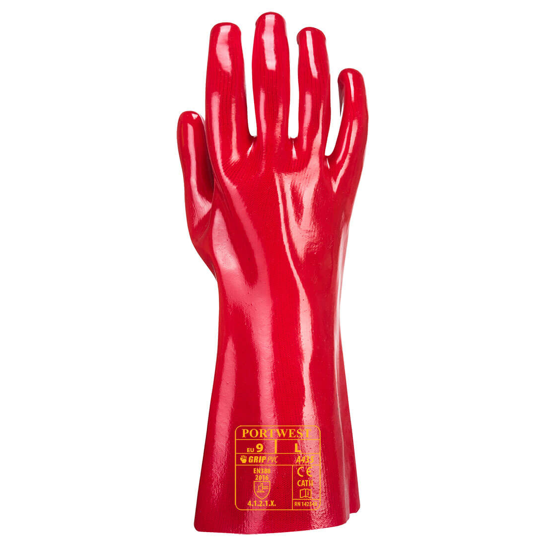 Portwest A435 PVC Gauntlet Gloves Red Rear#colour_red