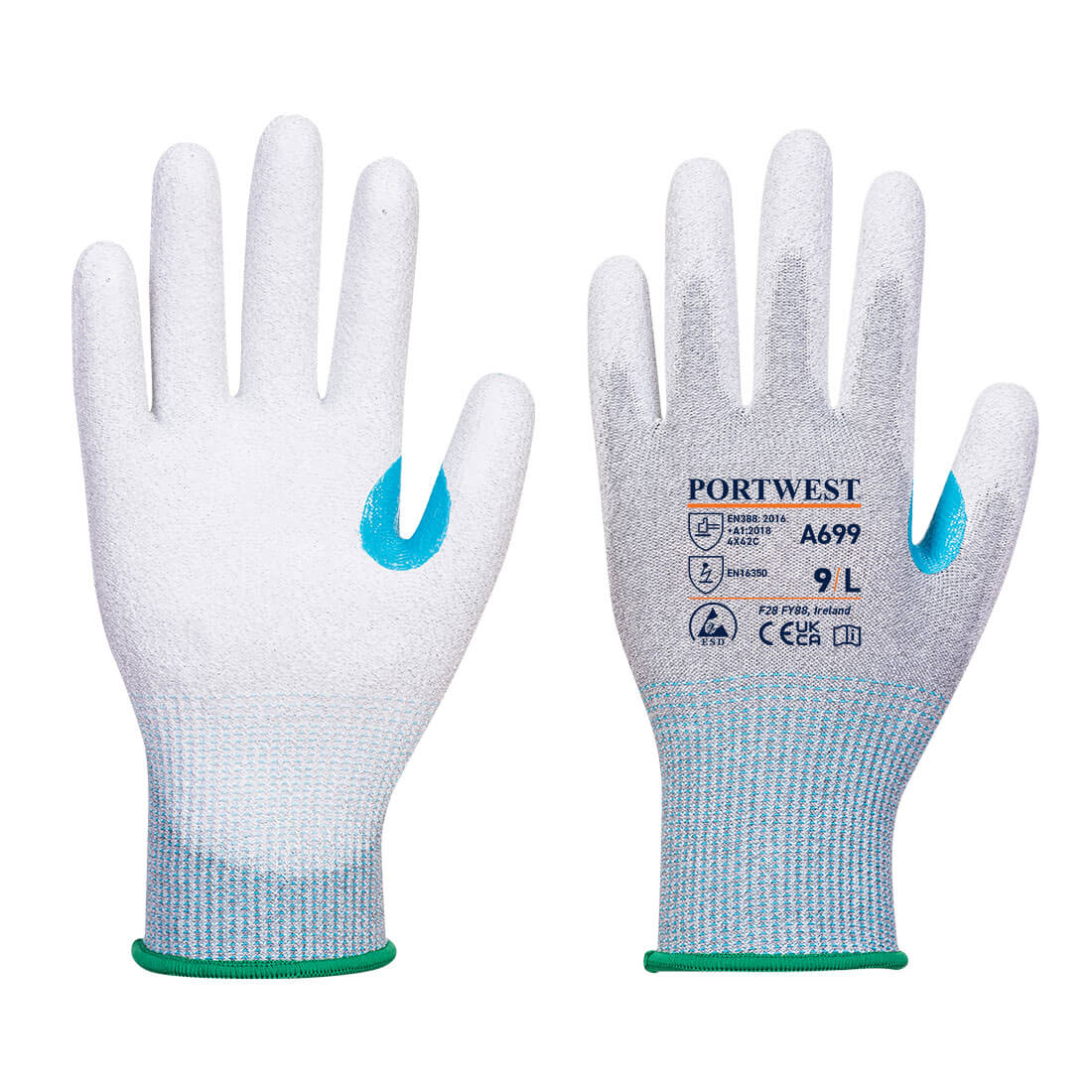 Portwest A699 MR13 ESD PU Palm Gloves - 12 pack 1#colour_grey-white