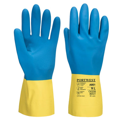 Portwest A801 Double Dipped Latex Chemical Gauntlet Gloves 1#colour_yellow-blue