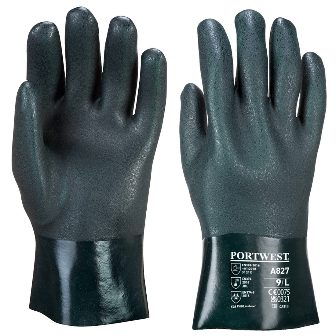 Portwest A827 Double Dipped PVC Chemical Gauntlet Gloves 27cm 1#colour_green