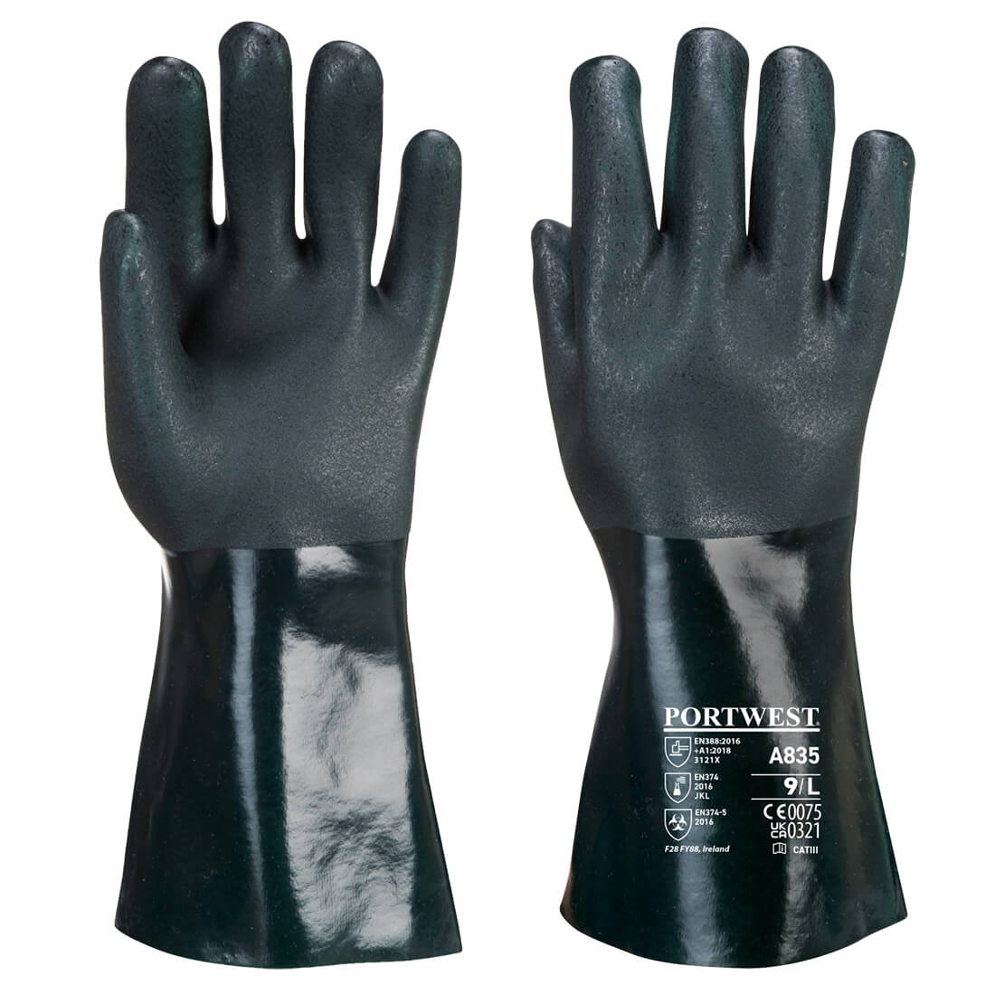 Portwest A835 Double Dipped PVC Chemical Gauntlet Gloves 35cm 1#colour_green