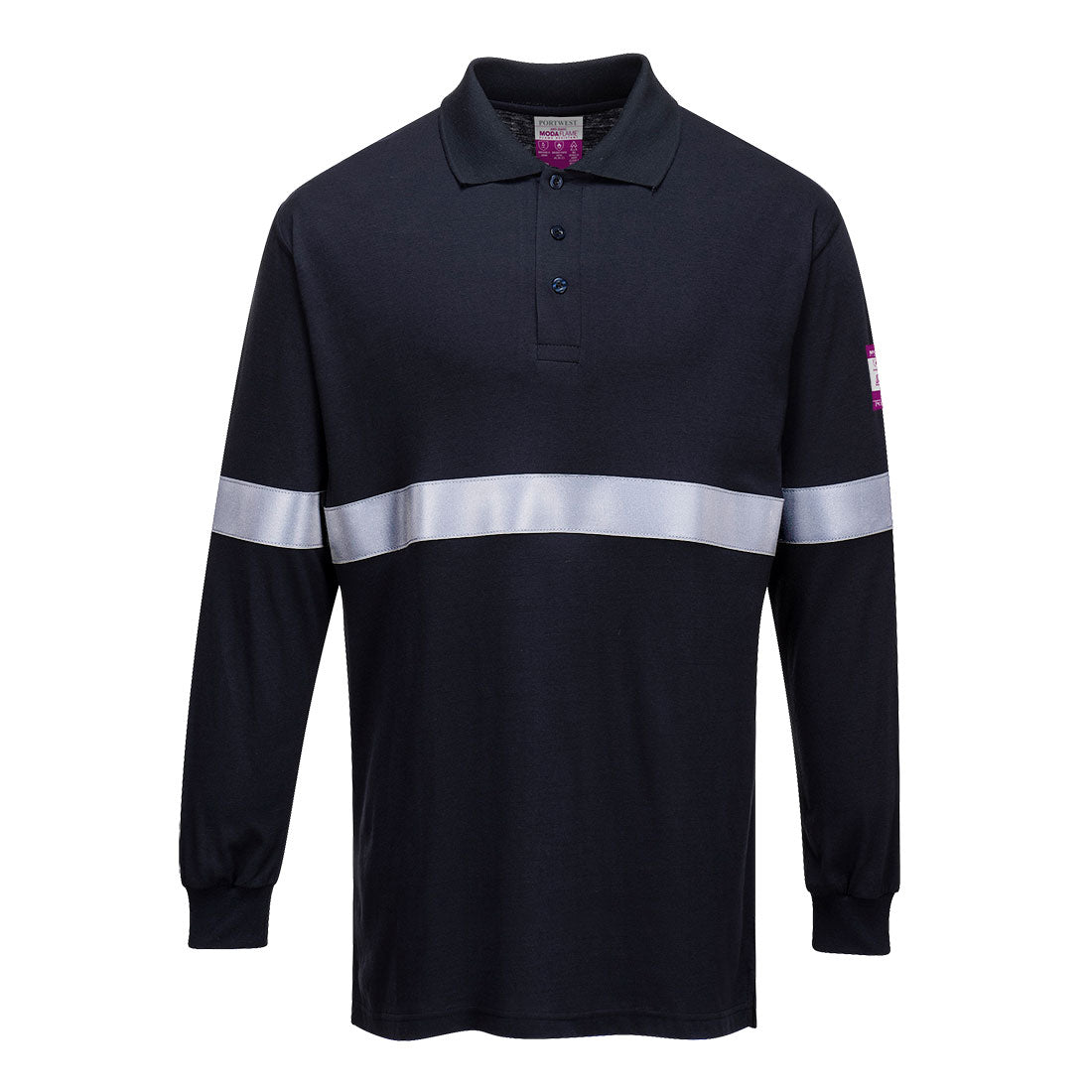 Portwest FR03 Flame Resistant Anti-Static Long Sleeve Polo Shirt with Reflective Tape 1#colour_navy