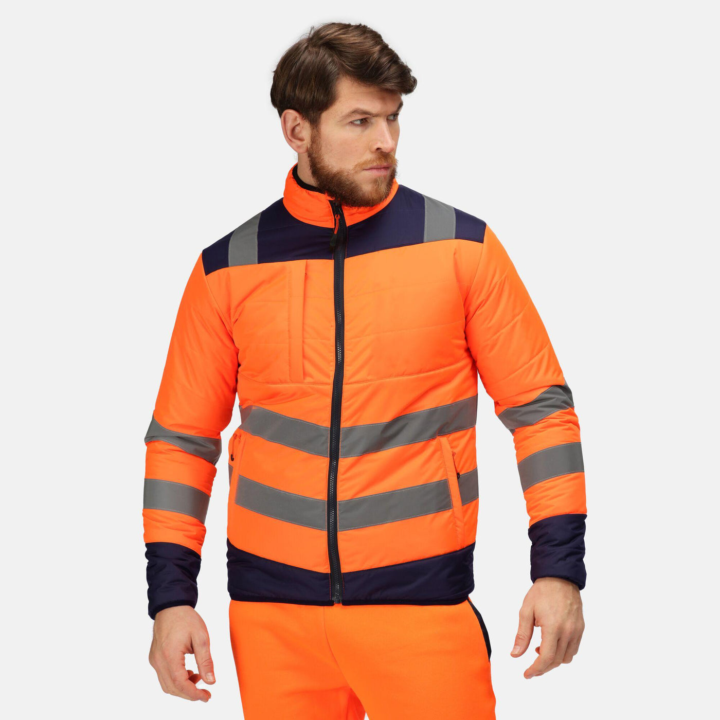 Regatta Professional Mens Hi Vis Baffle Jacket Orange Navy Model 1#colour_orange-navy