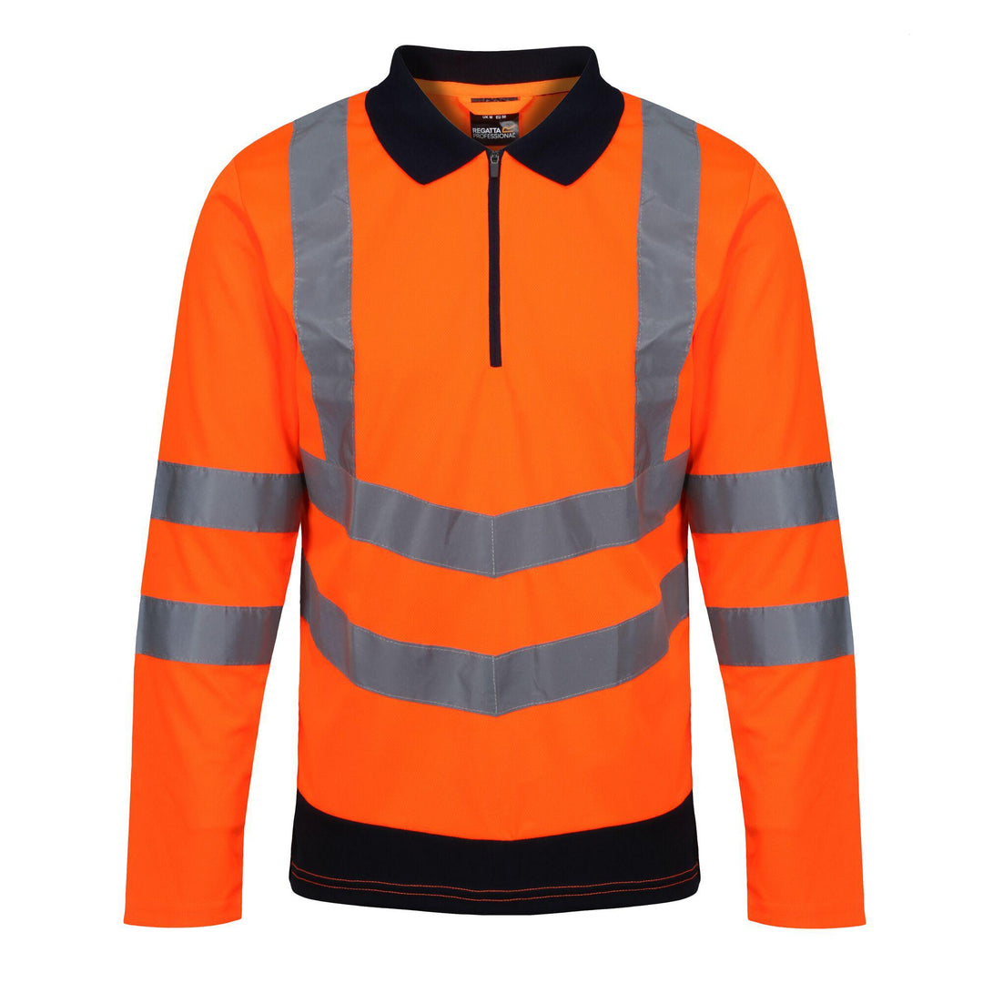 Regatta Professional Mens Hi Vis Long Sleeved Polo Shirts Orange Navy 1#colour_orange-navy