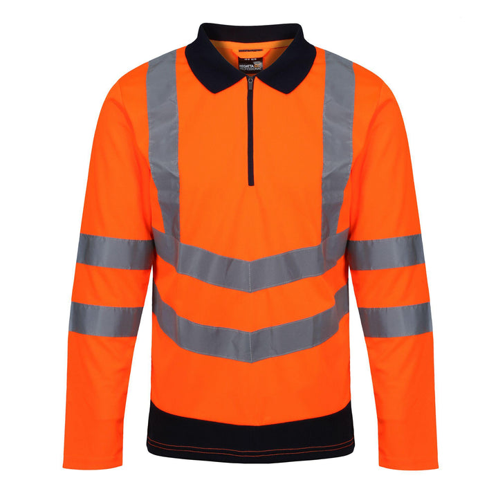 Regatta Professional Mens Hi Vis Long Sleeved Polo Shirts Orange Navy 1#colour_orange-navy