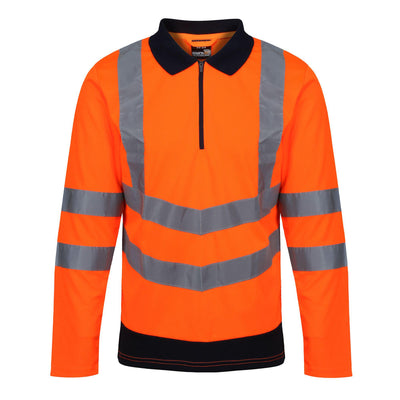 Regatta Professional Mens Hi Vis Long Sleeved Polo Shirts Orange Navy 1#colour_orange-navy