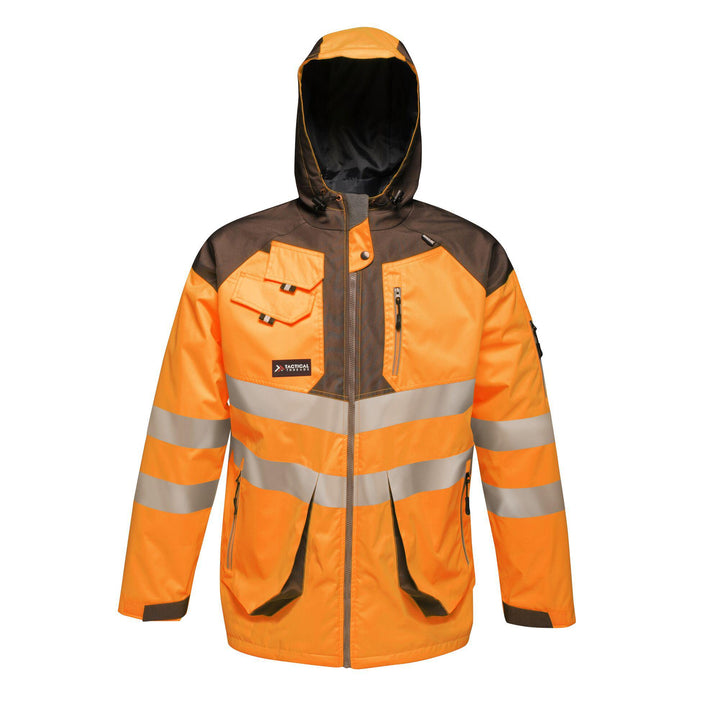 Regatta Professional Mens Hi Vis Waterproof Reflective Parka Jacket Orange Grey 1#colour_orange-grey