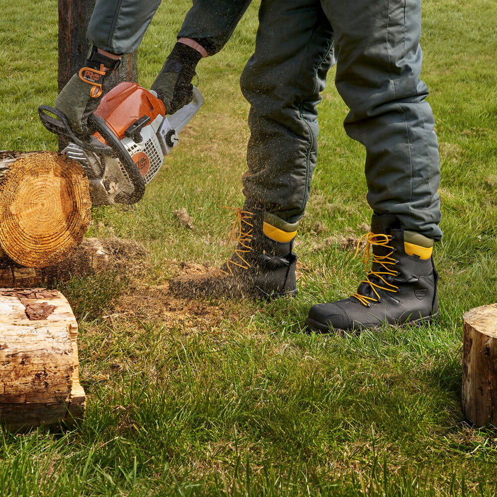 Rock Fall RF328 Chatsworth Safety Boots - Electrical Hazard, Chainsaw, Waterproof Black Action Shot#colour_black