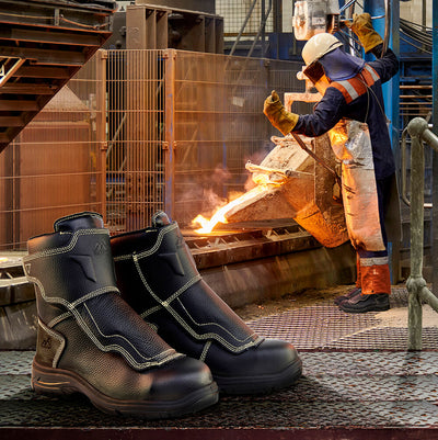 Rock Fall RF8000 Helios Boots - High Leg Electrical Hazard Foundry Safety Boots Black Action Shot#colour_black