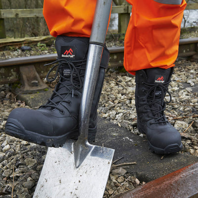 Rock Fall RF4500 Titanium Safety Boots - Waterproof, Side Zip Black Action Shot#colour_black