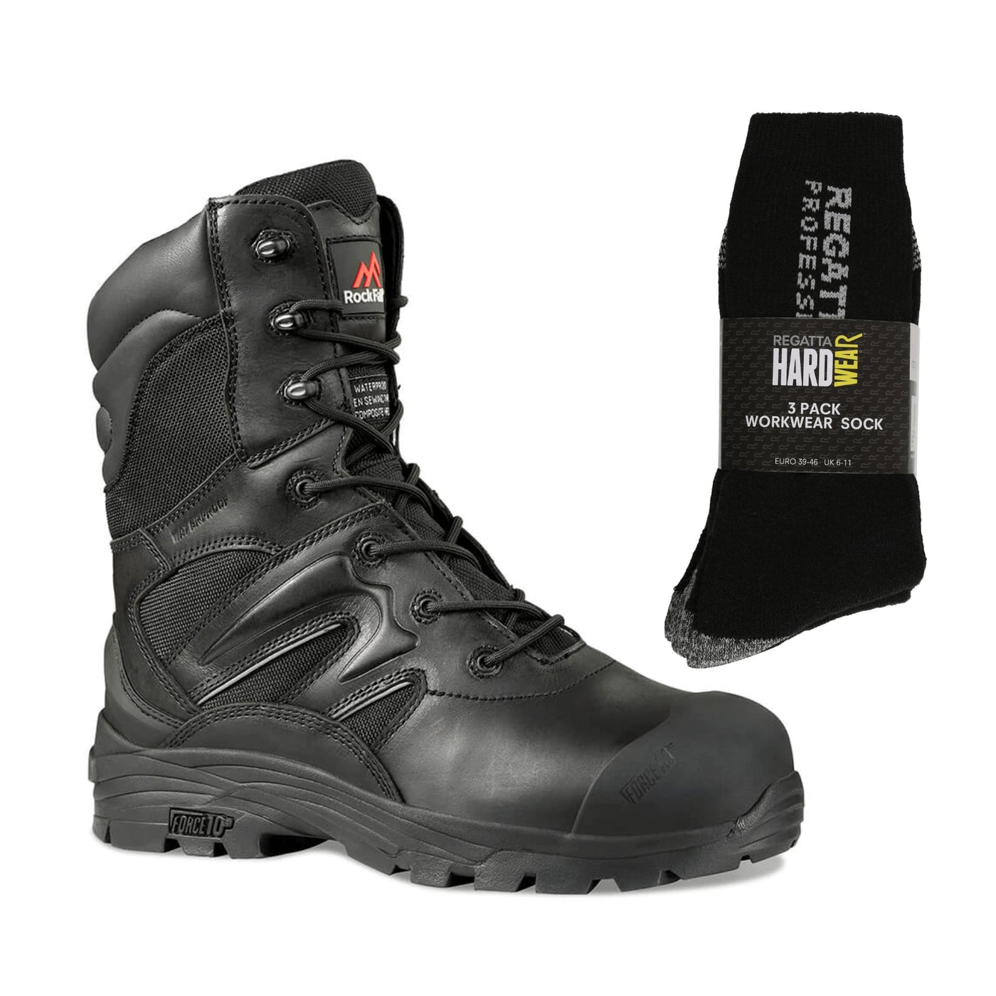 RockFall Special Offer Monzonite RF540 Pack - High Leg Waterproof Work Boots with Side Zip + 3 Pairs Work Socks