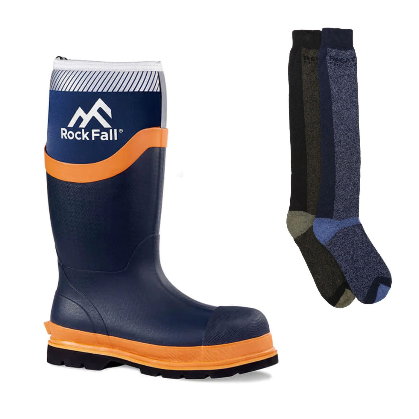 RockFall Silt Wellies Special Offer Pack - RF290 Neoprene Safety Wellington Boots + 2 Pairs Welly Socks