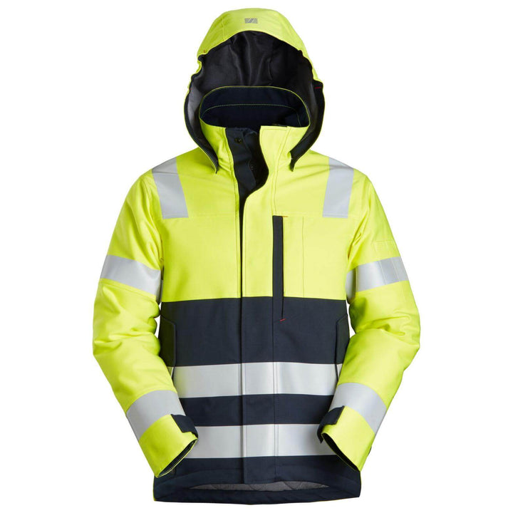 Snickers 1163 ProtecWork Hi Vis Insulated Hood Jacket Class 3 Hi Vis Yellow Navy Blue Main #colour_hi-vis-yellow-navy-blue