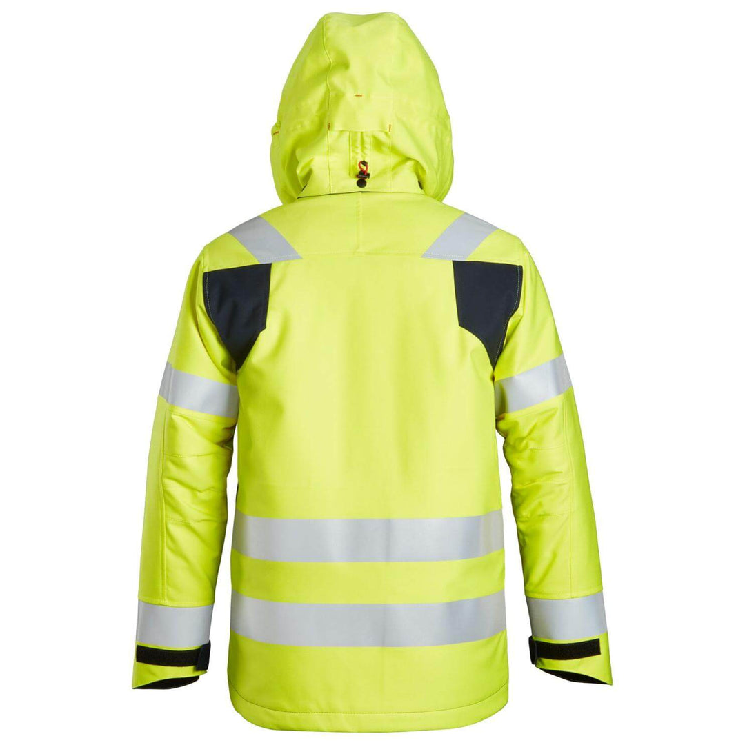 Snickers 1163 ProtecWork Hi Vis Insulated Hood Jacket Class 3 Hi Vis Yellow Navy Blue back #colour_hi-vis-yellow-navy-blue