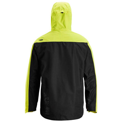 Snickers 1303 AllroundWork Waterproof Shell Jacket Black Neon Yellow back #colour_black-neon-yellow