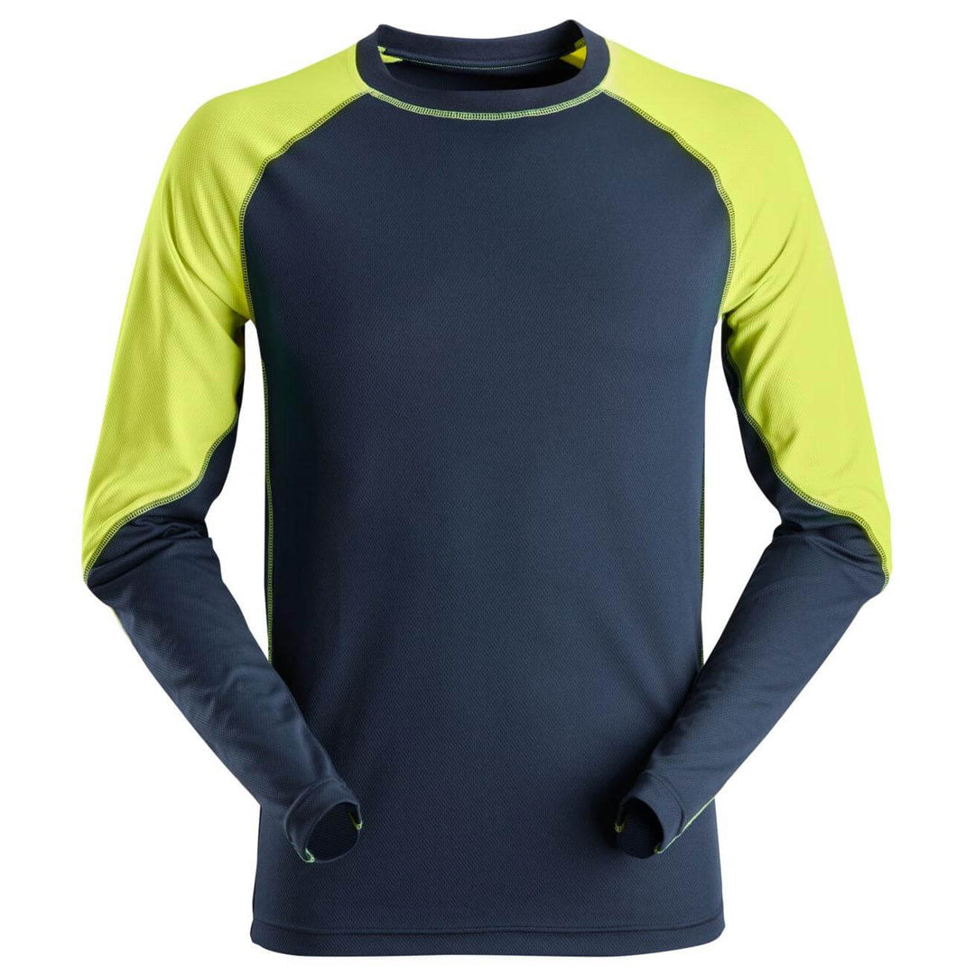 Snickers 2405 AllroundWork Neon Lightweight Long Sleeve T shirt Navy Neon Yellow Main #colour_navy-neon-yellow