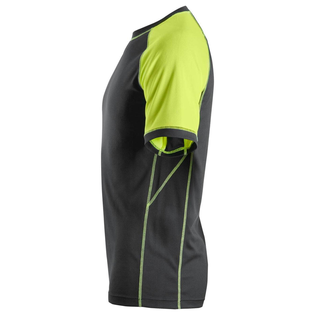 Snickers 2505 AllroundWork Neon Lightweight T shirt Black Neon Yellow left #colour_black-neon-yellow
