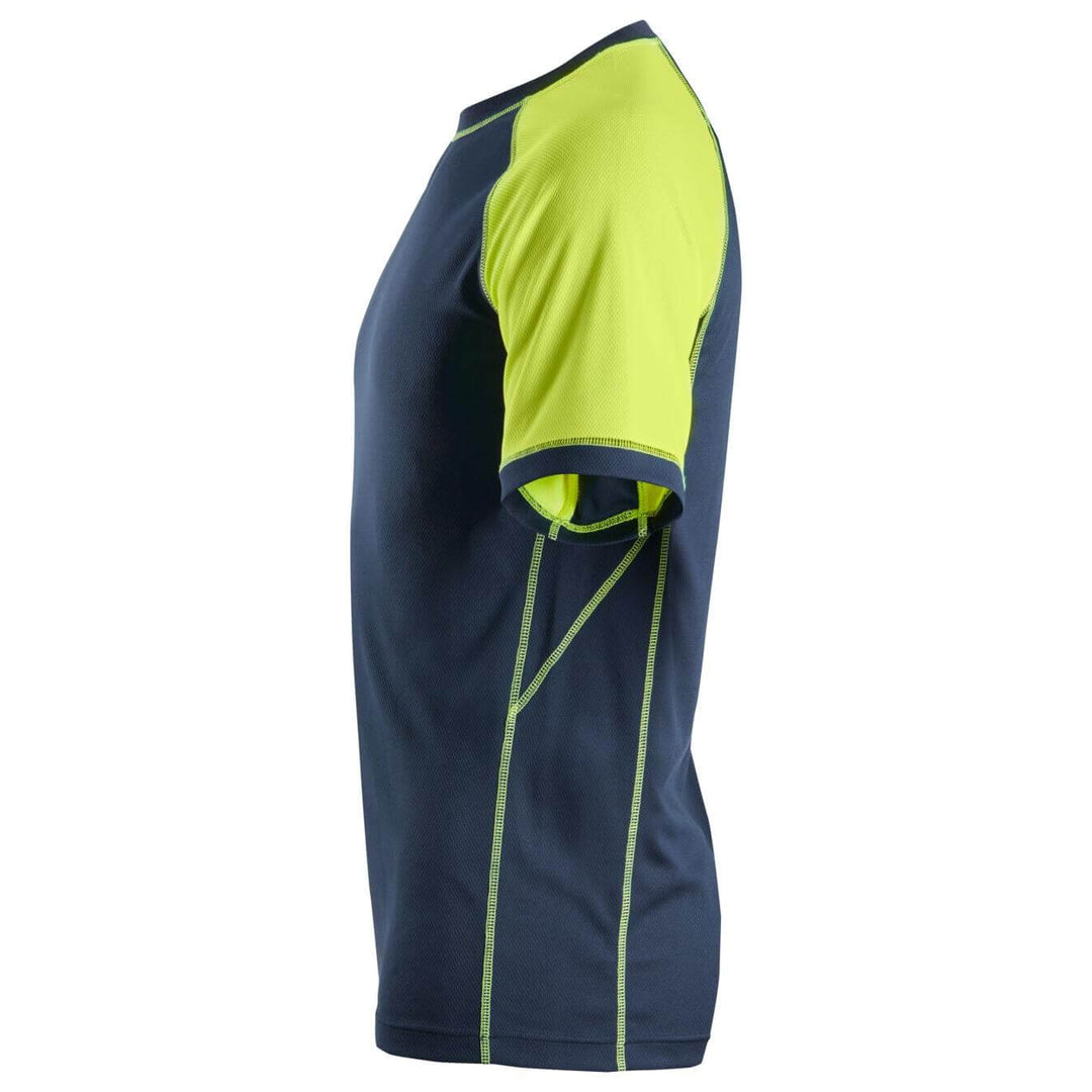 Snickers 2505 AllroundWork Neon Lightweight T shirt Navy Neon Yellow left #colour_navy-neon-yellow