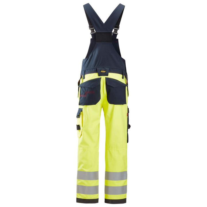 Snickers 6060 ProtecWork Hi Vis Bib and Brace trousers Class 2 Hi Vis Yellow Navy Blue back #colour_hi-vis-yellow-navy-blue