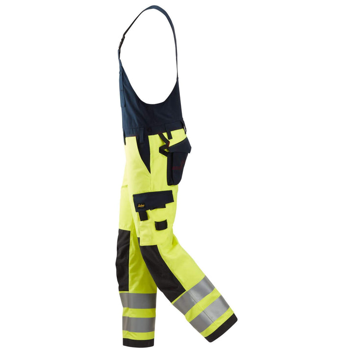 Snickers 6060 ProtecWork Hi Vis Bib and Brace trousers Class 2 Hi Vis Yellow Navy Blue left #colour_hi-vis-yellow-navy-blue