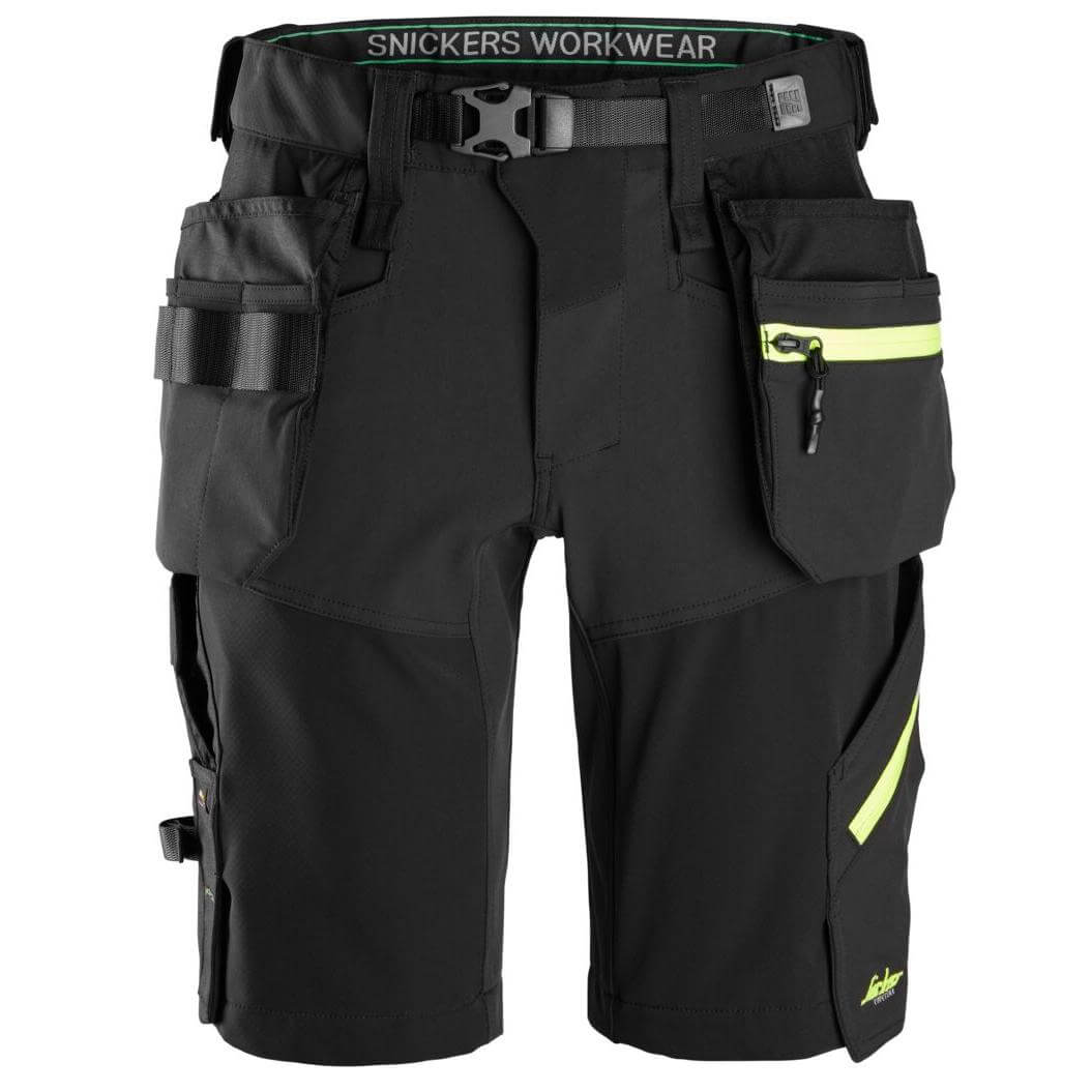 Snickers 6140 FlexiWork Slim Fit Softshell Stretch Shorts with Holster Pockets Black Neon Yellow Main #colour_black-neon-yellow