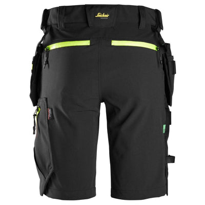 Snickers 6140 FlexiWork Slim Fit Softshell Stretch Shorts with Holster Pockets Black Neon Yellow back #colour_black-neon-yellow