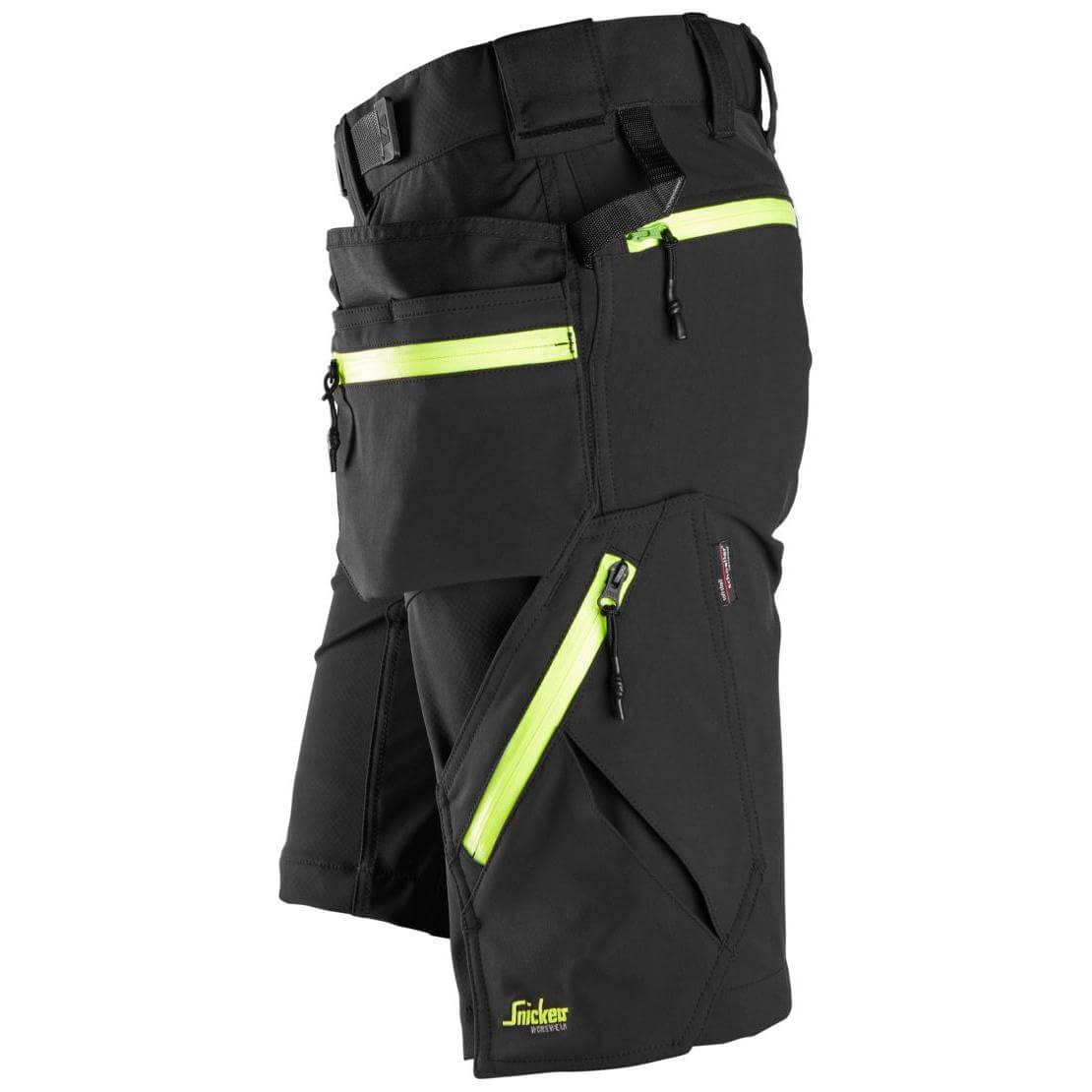 Snickers 6140 FlexiWork Slim Fit Softshell Stretch Shorts with Holster Pockets Black Neon Yellow left #colour_black-neon-yellow