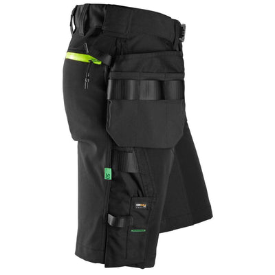 Snickers 6140 FlexiWork Slim Fit Softshell Stretch Shorts with Holster Pockets Black Neon Yellow right #colour_black-neon-yellow