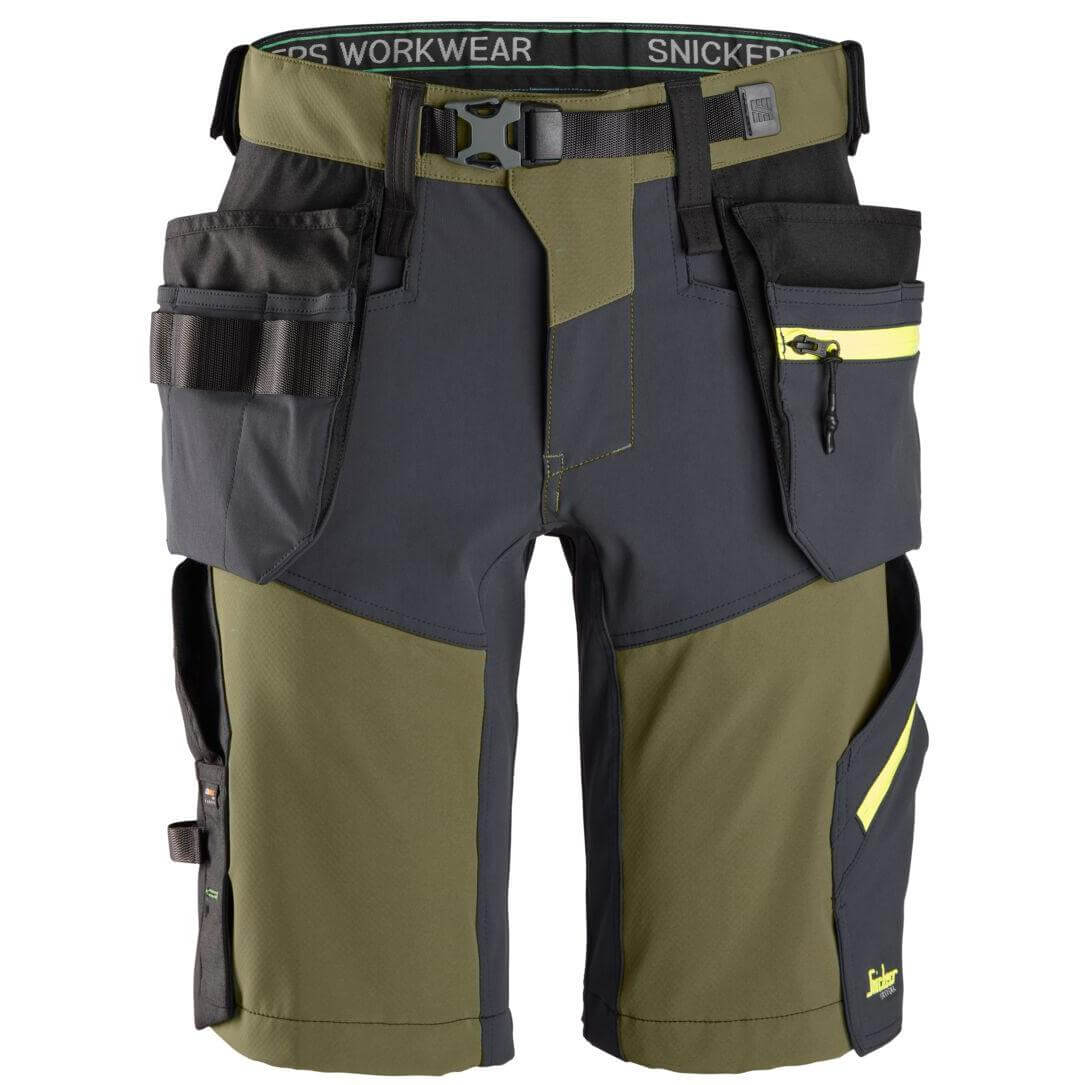 Snickers 6140 FlexiWork Slim Fit Softshell Stretch Shorts with Holster Pockets Khaki Green Grey Main #colour_khaki-green-grey